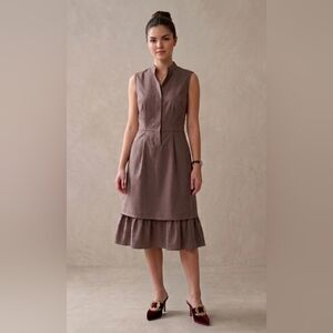GIOTELLA Italy Mocha Mandarin Collar Ruffle Hem Dress Minimalist Professional